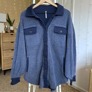 Free People Ruby Fleece Button Up Jacket Navy Blue Size Small